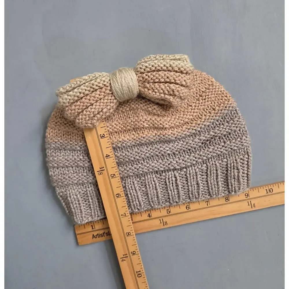 Handmade Knit Beanie Hat Womens OS Bow Pony Tail Hole Fall Winter Cute